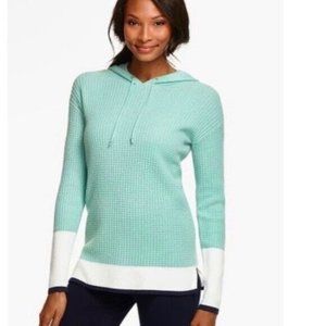Talbots Womens Hoodie Sweater XL Blue Lambswool Wool Waffle Knit Tipped Pullover